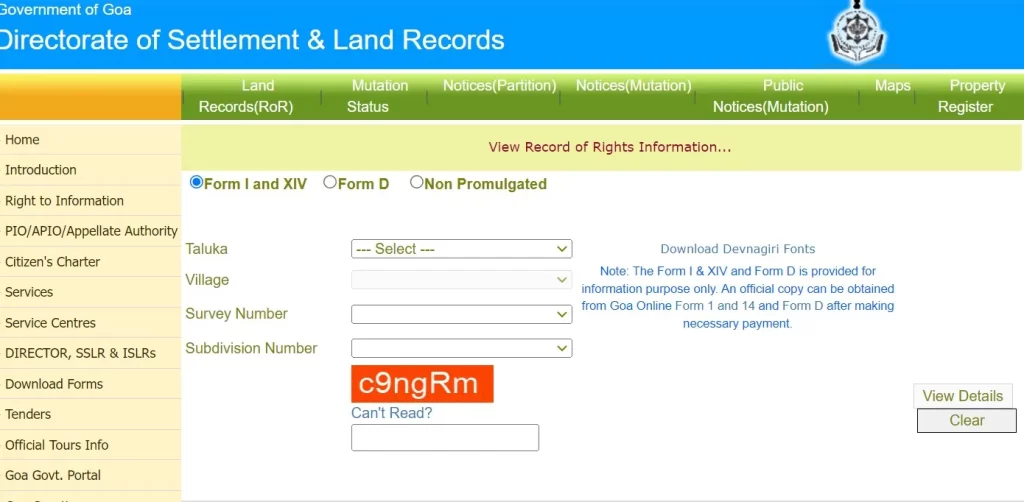 Form I & XIV Goa Land Records